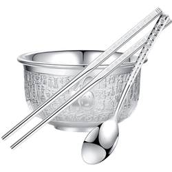 Authentic Flash Sale Silver Bowl 9999a Pure Silver Ripe Silver Chopsticks Three-pieces Silver Tableware Silver Chopsticks full Silver Bowl Set