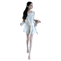 Light luxury lady style fashionable casual suit for summer loose square collar printed sleeveless top two-piece set for women