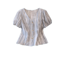 V-neck tie-dye striped short-sleeved chiffon shirt womens summer new fashionable temperament shirt French puff sleeve top