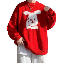 Trendy brand mens Year of the Rabbit red sweater high-end couple style New Year sweater winter large size sweater trendy