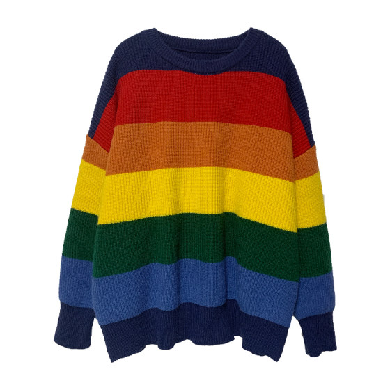 Rainbow sweater female autumn and winter lazy wind 2022 new loose outer wearing thickened foreign gas knitted stripes outer tide