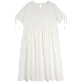 Huaji Q318 ສີຂາວແອວສູງສາມມິຕິ Relief Lace ແຂນສັ້ນ Round Neck Dress 2022 ໃຫມ່ຂອງແມ່ຍິງ Summer ກາງ-Length Style