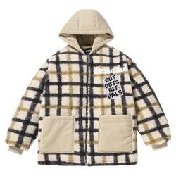 GENANX ຍີ່ຫໍ້ແຟຊັ່ນຟ້າຜ່າ plush plaid hooded cotton coat men's winter fashion contrast color pocket sherpa couple coat