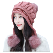 Red New Year atmosphere hat for women winter knitted hat warm woolen hat casual thickened ear protection hat imitation rabbit fur hat