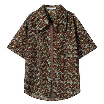 2023 ແບບຣີສອດແບບ double zipper drape ເສື້ອແຂນສັ້ນ floral men's summer loose casual leaf lapel half-sleeved top