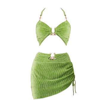 Masked Cat Retro Green Velvet Halter Bikini ສາມຊິ້ນເຕົ້ານົມຂະຫນາດນ້ອຍຍູ້ອິນເຕີເນັດນັກລອຍນ້ໍາຮ້ອນພາກຮຽນ spring