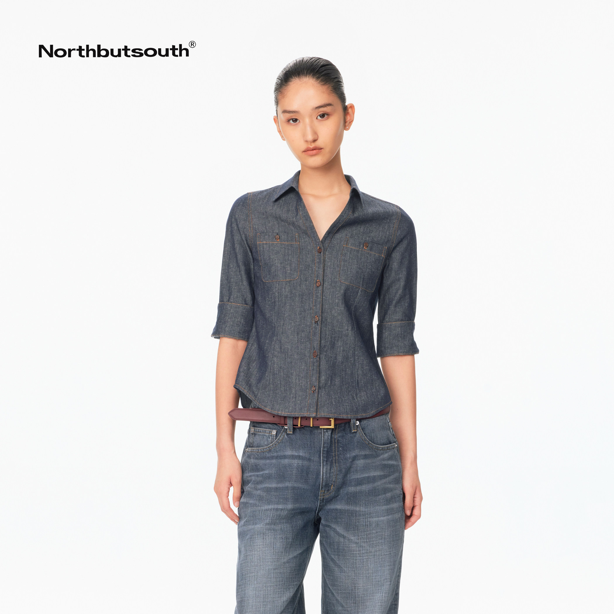 Northbutsouth V-Neck Original Cowhide Texture Waist-Cinching Folded Casual Mid-Sleeve Shirt