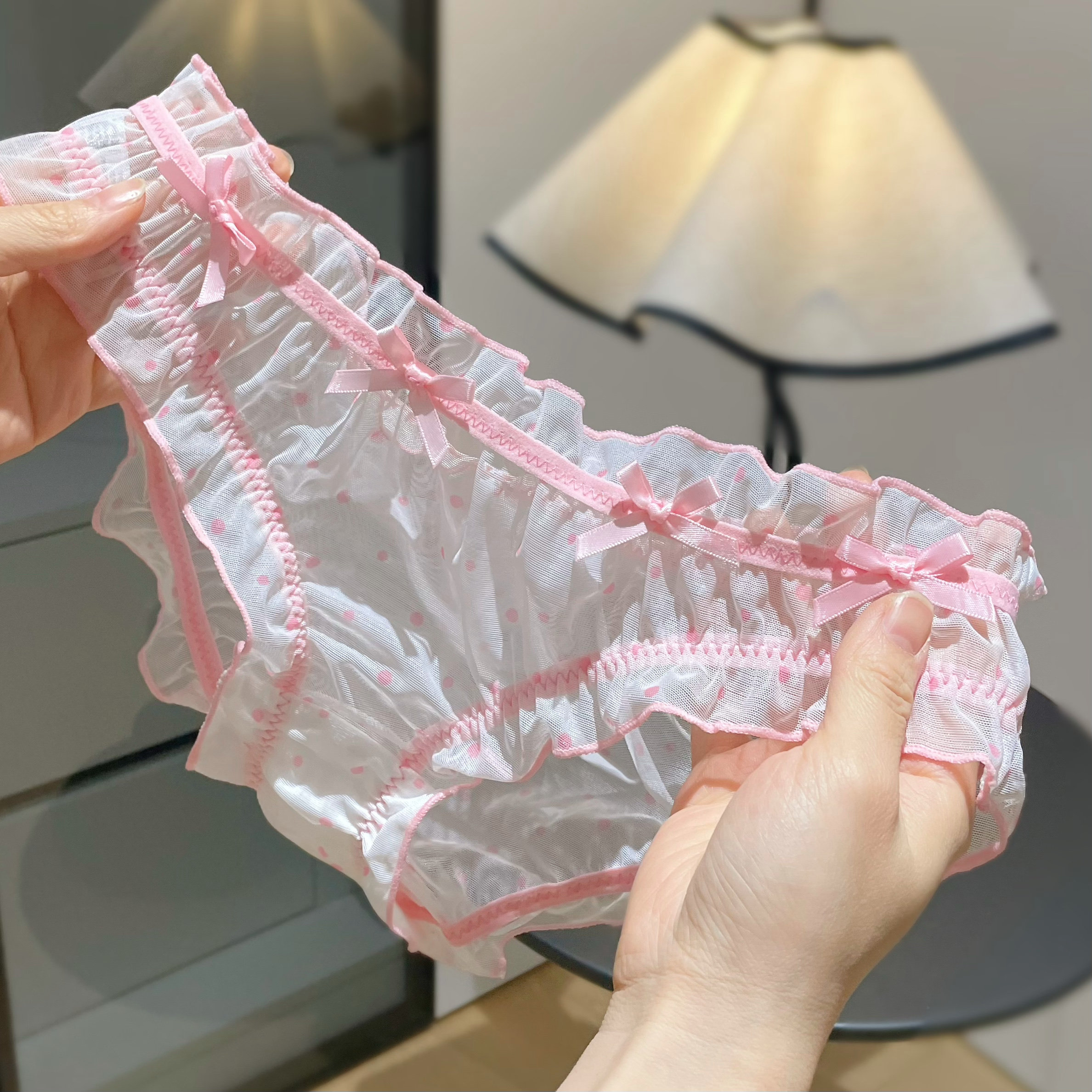 French-style bow trim ~ cute low-waisted ruffled trim panties in princess pink mesh with a slightly sheer and sexy feel.