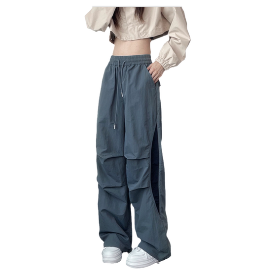 
American drawstring sports pants for women early autumn large size fat mm loose slim wide-leg pants parachute splicing casual pants