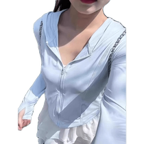 Blue Ice Silk Slim Stand Collar Yoga Wear Jacket Womens Summer New Anti-UV Sports Slim Sun Protection Clothing