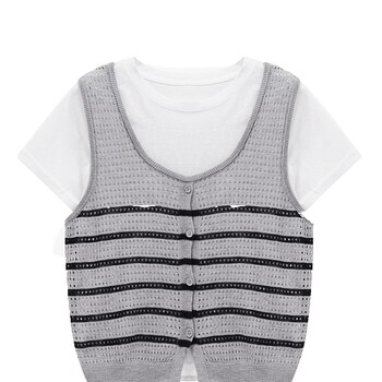 Basic house/baijiahao striped fake two-piece short-sleeved sweater summer popular pullover contrast color top for women