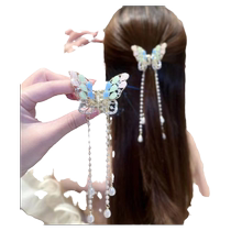 Elegant hollow diamond-encrusted pearl butterfly tassel claw clip summer metal hair clip womens back head hair clip hair clip