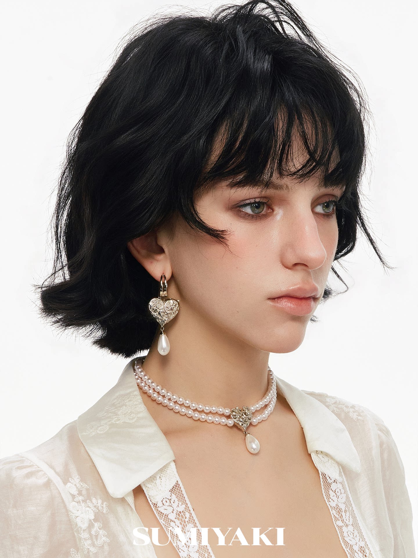 SUMIYAKI Angel Heart Double-Sided Embossed Pearl Double-Layer Clavicle Necklace, New Unique Style for Qixi Festival