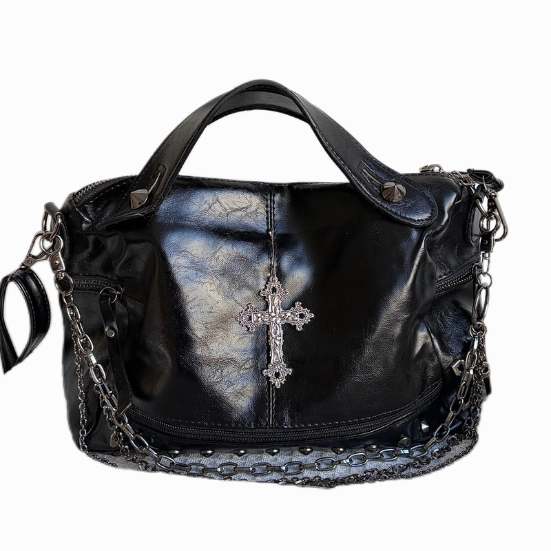 MoonCat Original Y2K Hot Girl Motorcycle Studded Crossbody Bag Handbag with Subculture Cross Gothic Black Design