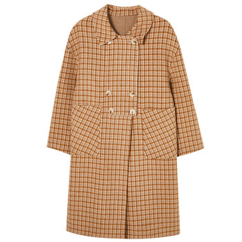 ເສື້ອກັນໜາວ Oece retro plaid coat ລະດູໜາວໃໝ່ ເສື້ອຢືດຂົນແກະຍາວກາງສອງດ້ານ