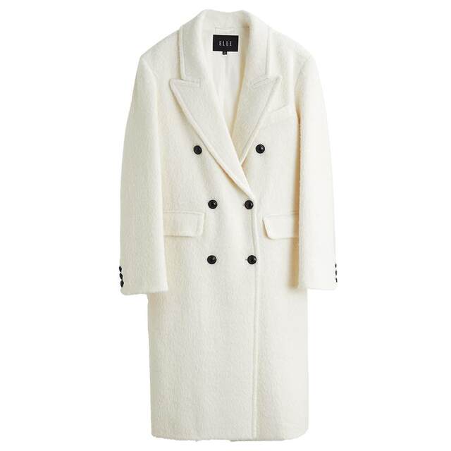 ELLE米白色中长款气质小众毛呢外套女2025冬装新款高端双面呢大衣