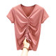 Drawstring T-shirt for women summer modal v-neck short-sleeved inner layering shirt versatile slim large size pleated top short style