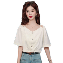 French one-shoulder chiffon shirt short-sleeved T-shirt for women new summer style loose unique and chic short top