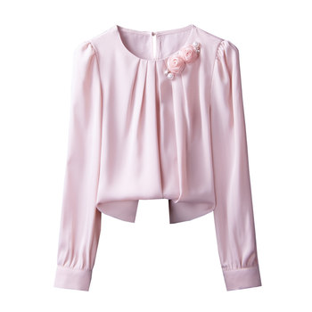 Stand collar floral satin shirt for women 2024 spring new professional temperament chiffon shirt drape niche long-sleeved shirt