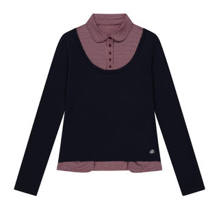 Eihey autumn and winter miu plaid shirt contrasting fake two-piece stitching long-sleeved double waist lapel t-shirt top