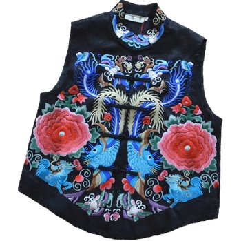 ເສື້ອຍືດຊັ້ນສູງຂອງແມ່ຍິງແບບພື້ນເມືອງ embroidered vest stand collar sleeveless Tang suit cardigan satin plate button top new