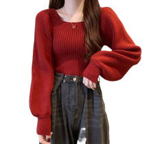 French puff sleeve square collar red sweater for women in autumn and winter fashionable western design niche inner knitted bottoming shirt