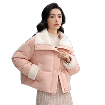 Duck Down Jacket Womens Ultra Short 2024 New Loose Color Block Imitation Sheep Wool Lapel Warm Jacket S