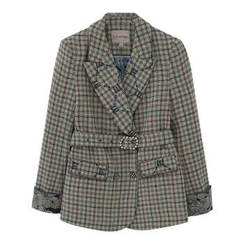 LULUALWAYS retro temperament lapel plaid belt waist slim woolen coat ສໍາລັບແມ່ຍິງ