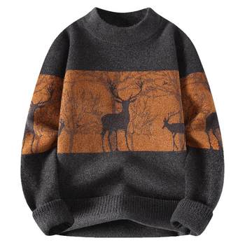 Woodpecker loose knitted half turtleneck patchwork sweater for men Woodpecker loose knitted half turtleneck patchwork sweater for men