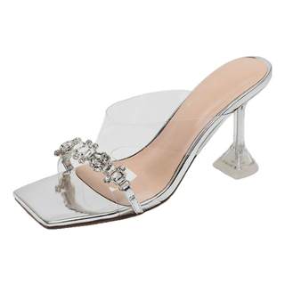 Women's square-headed silver open-toed french high heels