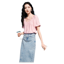Xiangying Puff Sleeve Top Womens 2024 Summer and Autumn New Loose Low-neck Collarbone Tie Sweet Lady Pink Top