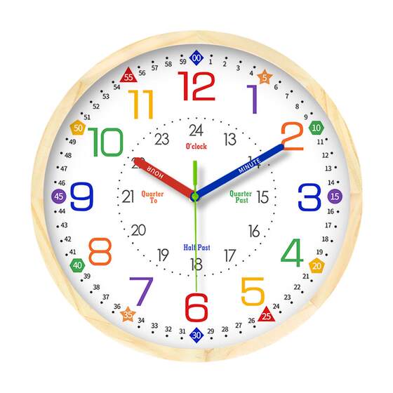Early education learning solid wood silent wall clock living room study study home clock student hanging wall punch-free clock