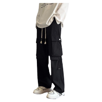 Black straight overalls for men spring and autumn 2024 new loose trousers trendy brand American functional autumn and winter casual pants