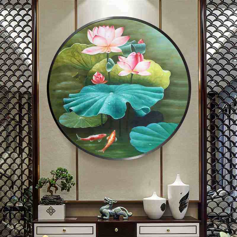 2025年新款5D满钻荷花钻石画莲花鱼图圆形客厅点粘贴砖十字绣2024