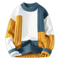 Designed contrasting color sweater for men in autumn and winter lazy style soft and waxy thickened sweater youth round neck bottoming shirt
