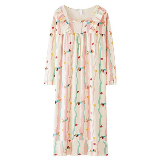 猫人女士纯棉睡裙带胸垫春秋款长袖2025年新款可外穿连衣裙家居服