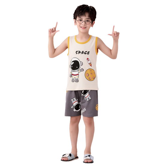 A family of three pajamas, summer short -sleeved thin cartoon vest, short -sleeved short pants, pure cotton parent -child home home clothing suit
