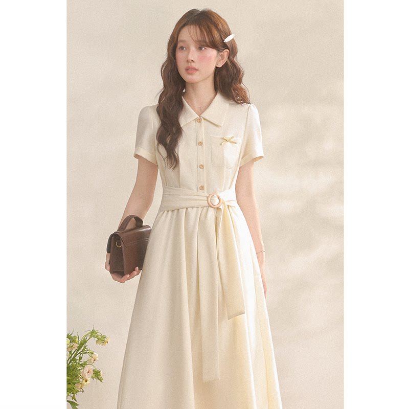 Three-inch Lotus Root [White Tea Letter] 2026 Summer French Polo Collar Commuter Dress Waist-cinching Interview Shirt Dress