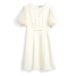 MIUCO Elegant Socialite Mesh Plaid Puff Sleeve Sleeve V-neck High Waist A-Line Dress