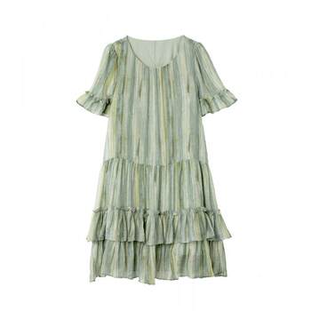 Boucherie round neck striped print sleeve dress 2026 summer korean fashion casual european women's clothing