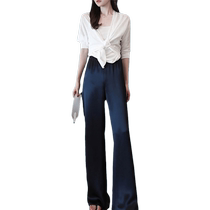 Acetate pants womens summer trousers navy blue high-end satin loose vertical trousers casual high-waisted wide-leg trousers