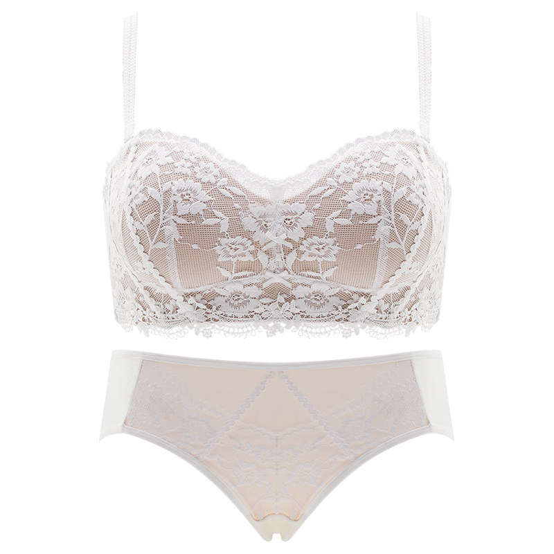 Lace lingerie set for women with small busts, push-up and sexy, makes them appear larger, prevents sagging and reduces side breast fat, thin summer strapless bra for young girls.
