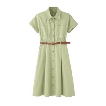 mc2 work shirt dress women's lapel short-sleeved mid-length (with belt) casual fashion dress slim dress