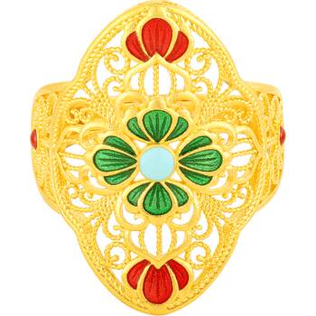 Shipulin pure gold, filigree enamel hollow orchid, palace style open ring for women