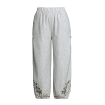 Old ladys summer cotton and linen pants cropped pants middle-aged and elderly womens pants elastic waist granny pants thin casual wide-leg pants