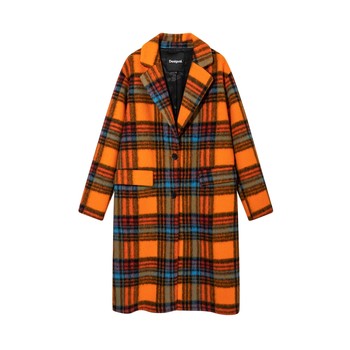Desigual silhouette lapel warm orange plaid wool maillard long loose women's coat