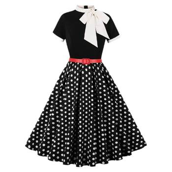 European and american nostalgic retro hepburn women's clothing with large slim print straps bow stand collar polka dot dress