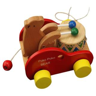 Children's educational beech bear playing drums and pulling carts