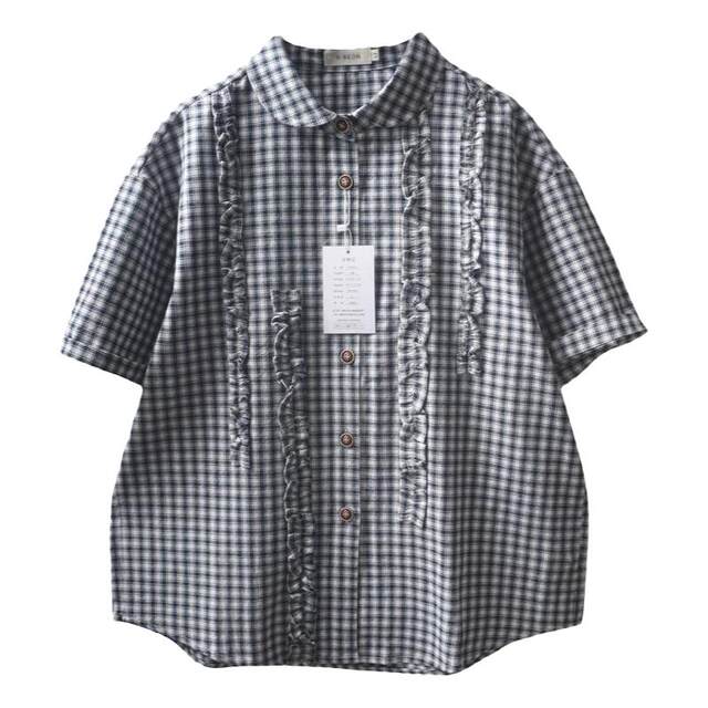 Ruffled Yuanbao doll collar short-sleeved plaid shirt for women
