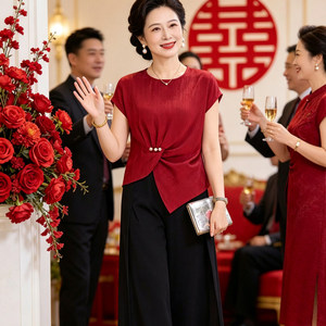 高贵结婚礼服妈妈夏季裤子套装2026喜婆婆婚宴红色上衣服平时可穿